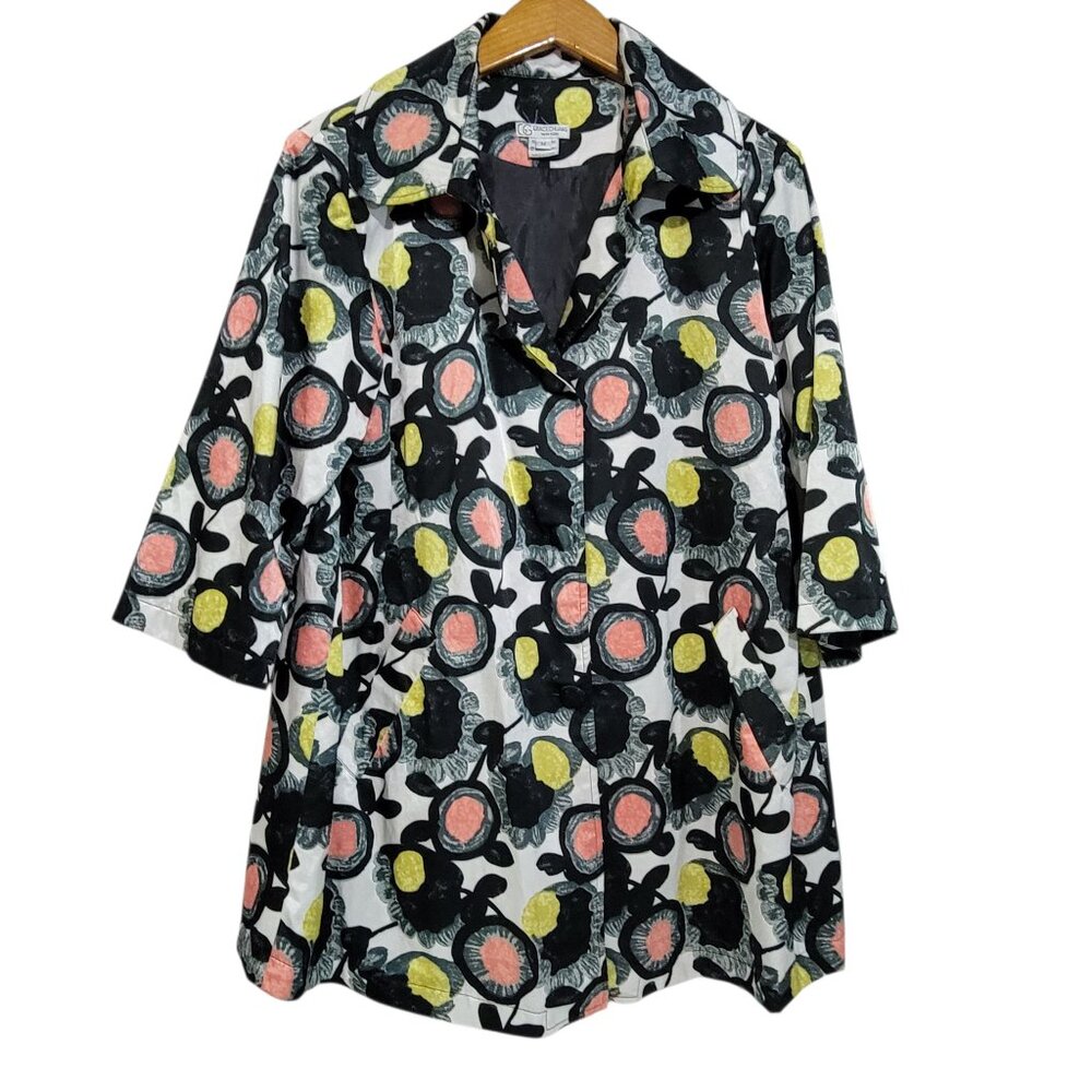 Grace Chuang Satin Jacket Womens Medium Abstract Floral Modernist Art to Wear